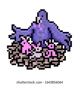 Mother pigeon feeding 3 baby chicks with a worm, pixel art icon isolated on white background. 8 bit bird family in the nest symbol. Old school vintage retro slot machine/video game graphics.