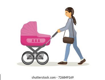 Mother with pink baby carriage on white background. Vector illustration.