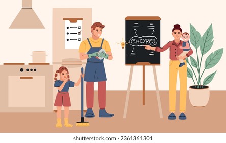 Mother planning household chores on board and father with daughter doing them together flat vector illustration