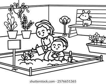 Mother planting with kid coloring pages style.