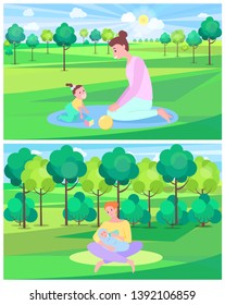 Mother playing with baby in park, mom holding and feeding newborn. Parent and child relaxing outdoor on mat, smiling people outdoor, motherhood vector