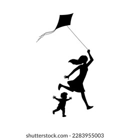 Mother playing with child black silhouettes, flat cartoon vector illustration isolated on white background. Mother and child contour image launching a kite.