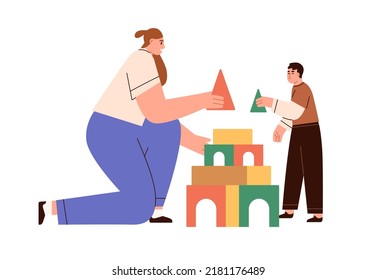 Mother playing with child. Mom parent and son kid building toy castle from blocks together. Babysitter, nanny and boy at leisure time. Flat vector illustration isolated on white background