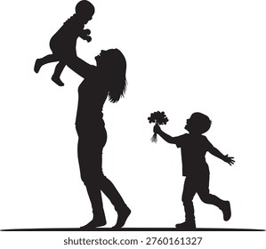 Mother Playing with Children Silhouette Vector Art of Family Moments Parenting Childhood Love