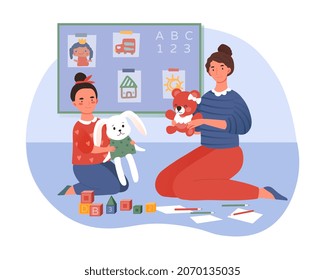 Mother playing with daughter. Girl entertains her baby with toys. Parents and children, metaphor for happy family. Evening, rest, entertainment, joint pastime. Cartoon flat vector illustration