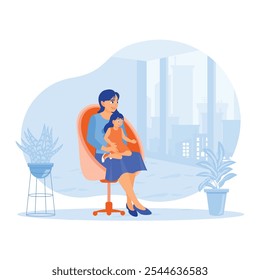 Mother playing with daughter at home. Mom took time off work. Family lifestyle activity concept. Flat vector illustration.