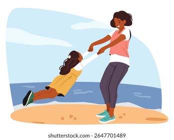 Mother playing with daughter spending leisure fun time together at coastline cartoon scene. Joint family pastime at summer resort, parenthood and childhood happy emotions vector illustration