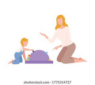 Mother Playing Educational Game with her Son, Parent and Kid Spending Time Together at Home Flat Style Vector Illustration