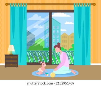 Mother playing game with toddler girl at carpet with ball, cube toys. Happy woman looking at her daughter. Parent and child spend time together at home. Parenting and baby care process concept