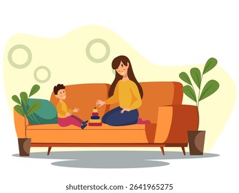 Mother playing with her child using a toy while sitting on sofa at home. Warm and joyful family moment in cozy living room, flat vector illustration.