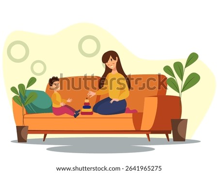 Mother playing with her child using a toy while sitting on sofa at home. Warm and joyful family moment in cozy living room, flat vector illustration.