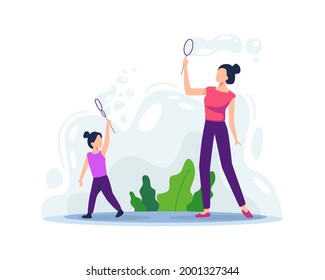 Mother playing with her daughter. Soap bubble blowing, Happy parents and child outdoor game. Togetherness of mother and daughter. Summer fun activity for children. Vector illustration in a flat style