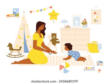 Madre jugando con su hijo pequeño en la habitación de su hijo con juguetes. Mujer joven con el bebé. El acogedor dormitorio de los niños. Ilustración vectorial plana