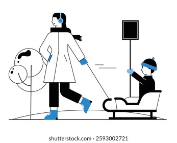 Mother is playing with her son snow sliding, family time. Design character. Vector flat illustration