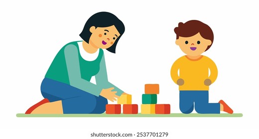 A mother playing with kid at home. Educational toys. A Child playing designer cubes, developmental constructor with white background