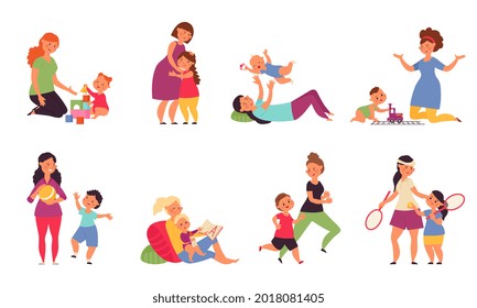 Mother playing with kids. Boys play, child sitting on mothers kneets. Little baby and young mom, smiling sweet toddler decent vector cartoon characters