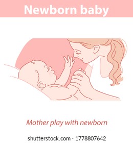 Mother playing with newborn baby. Cute little baby boy or girl touches mothers face. Symbol of love and care. Happy childhood. Woman with child. Color vector illustration.