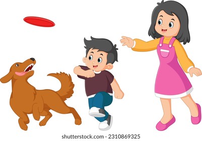 a mother is playing and throws a frisbee at a boy and is followed by her dog of illustration