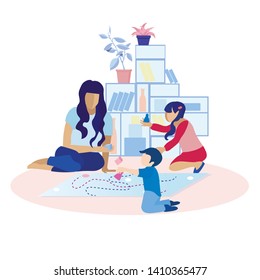 Mother Playing Toys with Children at Home Flat Cartoon. Mom, Daughter and Son Spending Time Together at Home. Happy Motherhood and Child-Rearing. Love and Happiness. Vector Illustration
