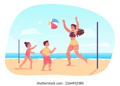 Mother playing volleyball with children on beach. Woman throwing ball through net to boy and girl on sea shore flat vector illustration. Summer vacation, family, leisure, recreation concept for banner