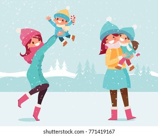 Mother plays with her child outdoors. Winter time, snowy weather. People in warm clothes. Flat vector illustration, cartoon style.