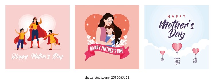 A mother plays with her children. Happy family celebrating Mother's Day. Flying balloon with gift box. Heart-shaped love symbol for Mother's Day. Mother's Day concept. Set flat vector illustration.