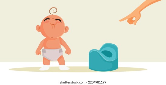 
Mutter, die auf eine hübsche Vektorgrafik-Illustration verweist. Ein kleines Baby, das widerwillig einen Kammertopf benutzt, wie seine Mutter ihm beibringt

