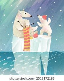 Madre oso polar y su cachorro personajes de dibujos animados en el paisaje del polo norte. Madre oso tejiendo una bufanda para su hijo en el iceberg, mágicas luces del norte en el cielo. Ilustración de dibujos animados de Vector para niños.