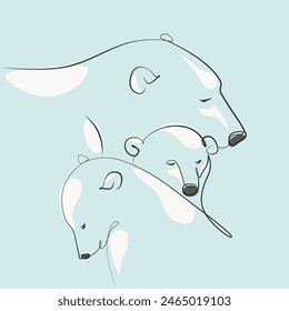 mother polar bear with two cubs one line drawing. mother polar bear with two cubs single line illustration. mother polar bear with two cubs minimalist line art