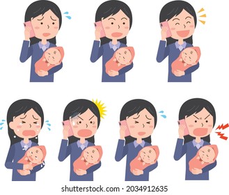 Mother pose set holding a baby talking on a mobile phone