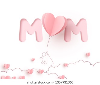 Mother postcard with flying child and paper balloons on pink background. Vector symbols of love in shape of heart for Happy Mother's Day greeting card design.