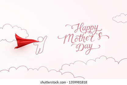 Mother postcard with flying child and red cloak on pink background. Vector superhero kid for Happy Mother's Day greeting card design.