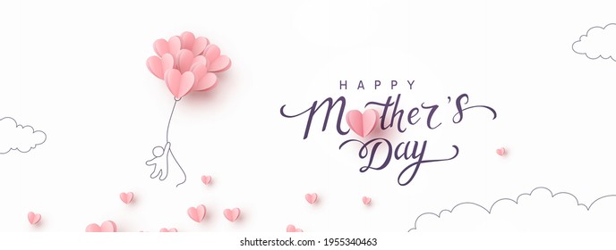 Mother postcard with flying man and pink balloons on white background. Vector paper symbols of love in shape of heart for Happy Mother's Day greeting card design