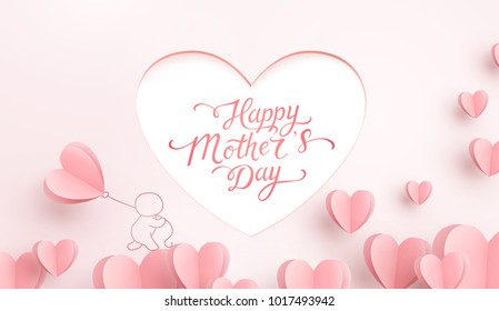 Mother postcard with paper flying elements, man and balloon on pink background. Vector symbols of love in shape of heart for Happy Mother's Day greeting card design.