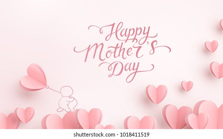 Mother postcard with paper flying elements, man and balloon on pink background. Vector symbols of love in shape of heart for Happy Mother's Day greeting card design. - Shutterstock ID 1018411519
