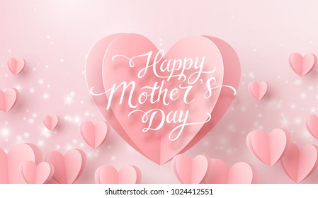 Mother postcard with paper flying elements, glowing lights on pink background. Vector symbols of love in shape of heart for Happy Mother's Day greeting card design.