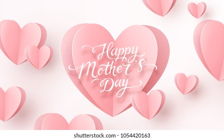 Mother postcard with paper flying elements on white background. Vector symbols of love in shape of heart for Happy Mother's Day greeting card design. - Shutterstock ID 1054420163