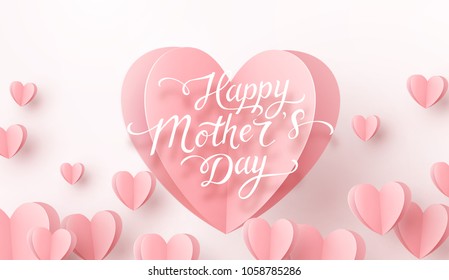 Mother postcard with paper flying elements on white background. Vector symbols of love in shape of heart for Happy Mother's Day greeting card design.