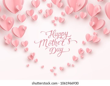 Mother postcard with paper flying elements on white background. Vector symbols of love in shape of heart for Happy Mother's Day greeting card design. - Shutterstock ID 1061966930