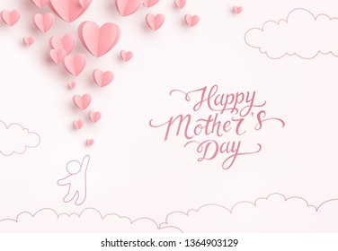 Mother postcard with paper flying elements and child on pink cloudy background. Vector symbols of love in shape of heart for Happy Mother's Day greeting card design.