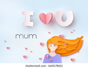 Mother postcard with paper flying elements and woman on blue background. Vector symbols of love in shape of heart for Happy Mother's Day greeting card design.
