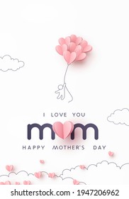 Mother postcard with paper flying elements, man and balloon on pink background. Vector symbols of love in shape of heart for Happy Mother's Day greeting card design