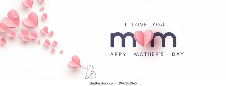 Mother postcard with paper flying elements, man and balloon on pink background. Vector symbols of love in shape of heart for Happy Mother's Day greeting card design