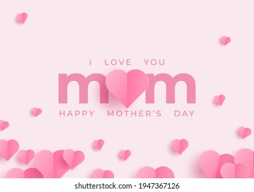 Mother postcard with paper flying elements on pink background. Vector symbols of love in shape of heart for Happy Mother's Day greeting card design.