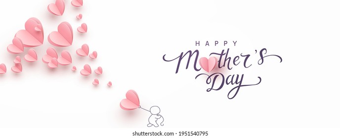 Mother postcard with paper flying elements, man and balloon on pink background. Vector symbols of love in shape of heart for Happy Mother's Day greeting card design
