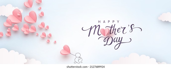 Mother postcard with paper flying elements, man and balloon on blue sky background. Vector symbols of love in shape of heart for Happy Mother's Day greeting card design - Shutterstock ID 2127689924