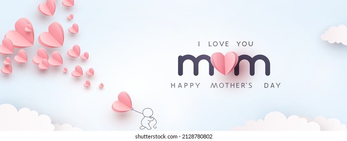 Mother postcard with paper flying elements, man and balloon on blue sky background. Vector symbols of love in shape of heart for Happy Mother's Day greeting card design - Shutterstock ID 2128780802