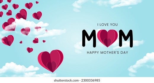 Mother postcard with paper flying elements, mom and realistic clouds on blue sky background. Vector symbols of love in shape of heart for Happy Mother's Day greeting card design