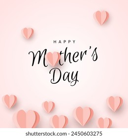 Mother postcard with paper flying elements on pink background. Vector symbols of love in shape of heart for Happy Mother's Day greeting card design.