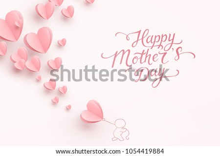 Mother postcard with paper flying elements, man and balloon on pink background. Vector symbols of love in shape of heart for Happy Mother's Day greeting card design.